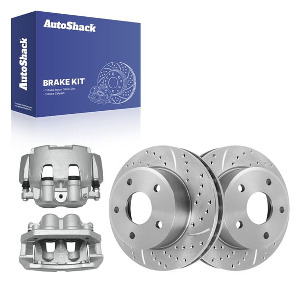 AutoShack Front Vented Drilled & Slotted Silver Zinc Coated Brake Rotors   Calipers 4-PC Brake Kit Replacement for 2005-2008 Dodge Dakota 2006-2009 Mitsubishi Raider SilverShield Pro 12.28" (312 mm)