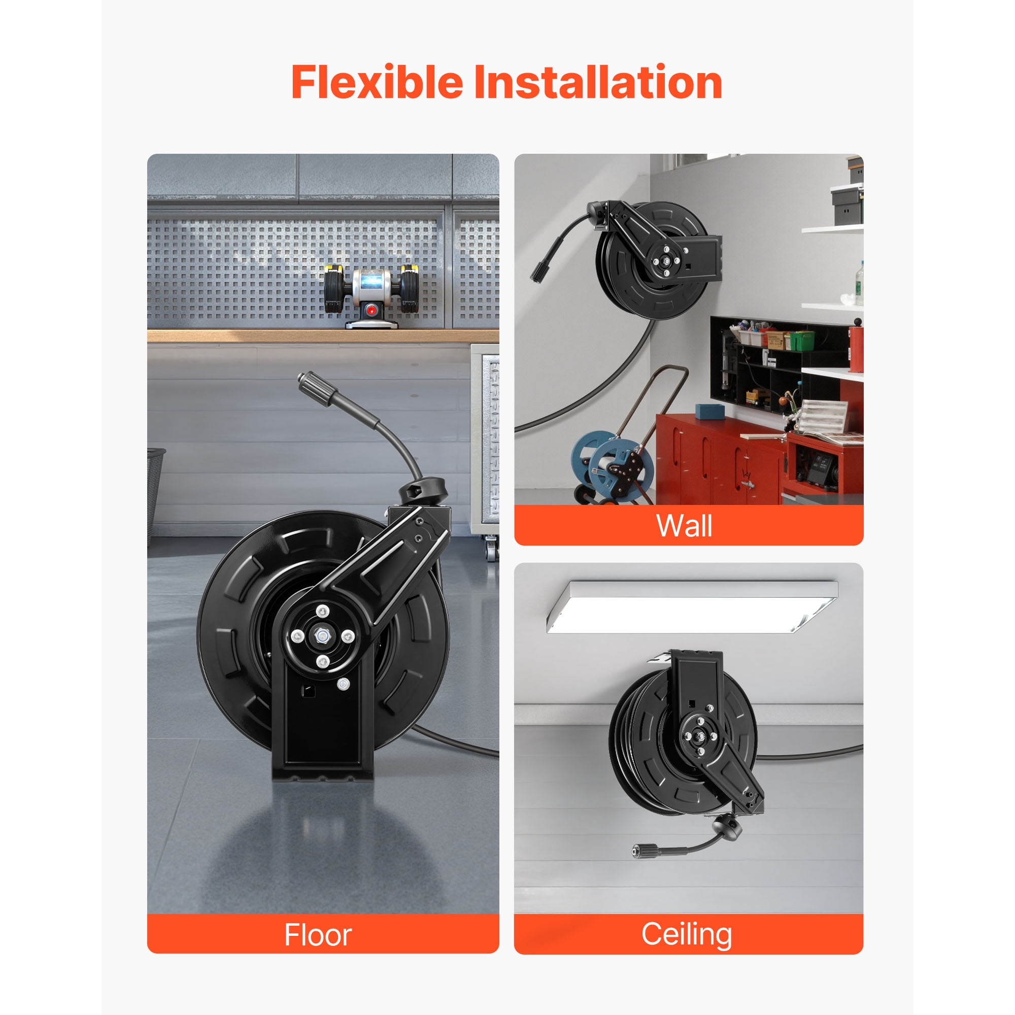 KFFKFF Pressure Washer Hose Reel, 60 ft x 1/4 inch Retractable Steel Reel for Power Washing, 4000 PSI Max, Auto-Rewind, Wall or Floor Mount for Vehicle, Garden, and Surface Cleaning