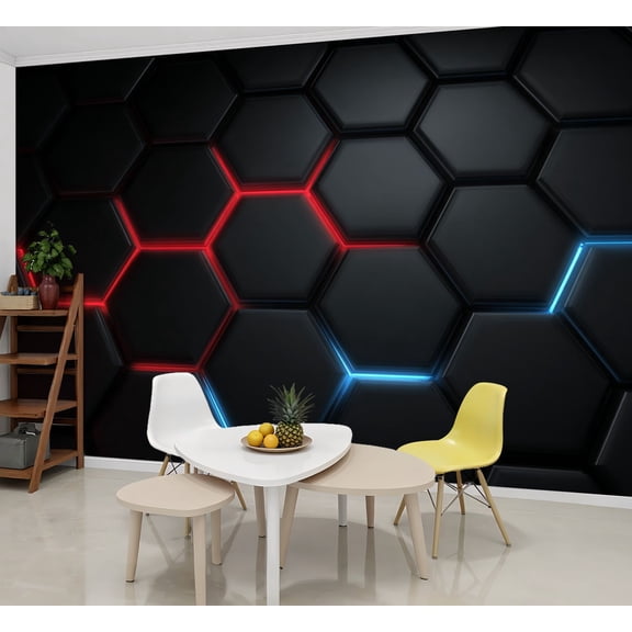 Wallpaper Matte Black 3D Hexagonal Wall Panels Neon Blue Red Peel and Stick Wall Murals 69"H x 96"W Removable PVC Wall Paper Self-Adhesive Wall Paintings Art Decor for Bedroom Living Room