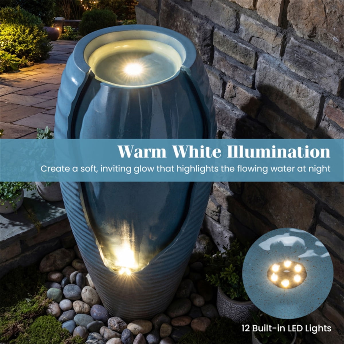 16"×32" Outdoor Cracked Jar Water Fountain with 12 LED Lights Resin Fiberglass Patio Water Feature Blue Glazed Adjustable Flow Indoor Outdoor Use