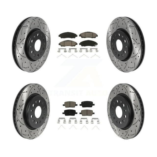 Transit Auto Front Rear Coated Drilled Slotted Disc Brake Rotors and Ceramic Pads Kit for Car Chevrolet Traverse GMC Acadia Buick Enclave Blazer KDC-100431