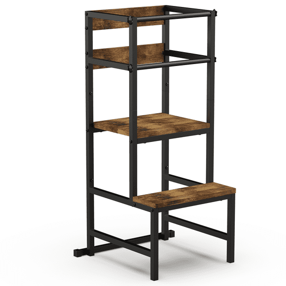 Kitchen Step Stool for Toddler, Toddler Tower for Kids, 3-in-1 Wooden Stool with Safety Rail, Height Adjustable Iron-Frame , Brown