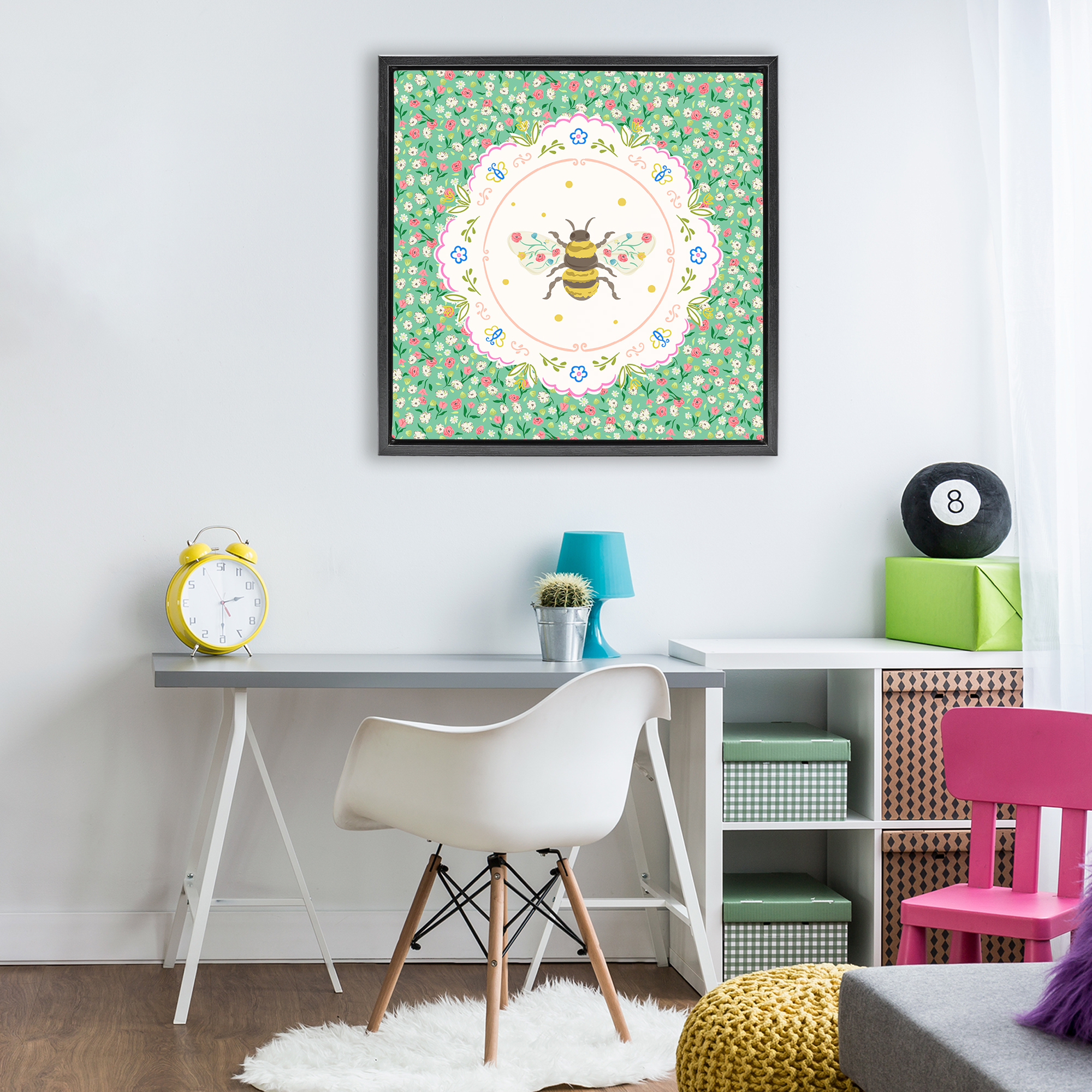 Spring Bee Delicate Florals Black Framed Floater Canvas Wall Art, design by Angela Steahling