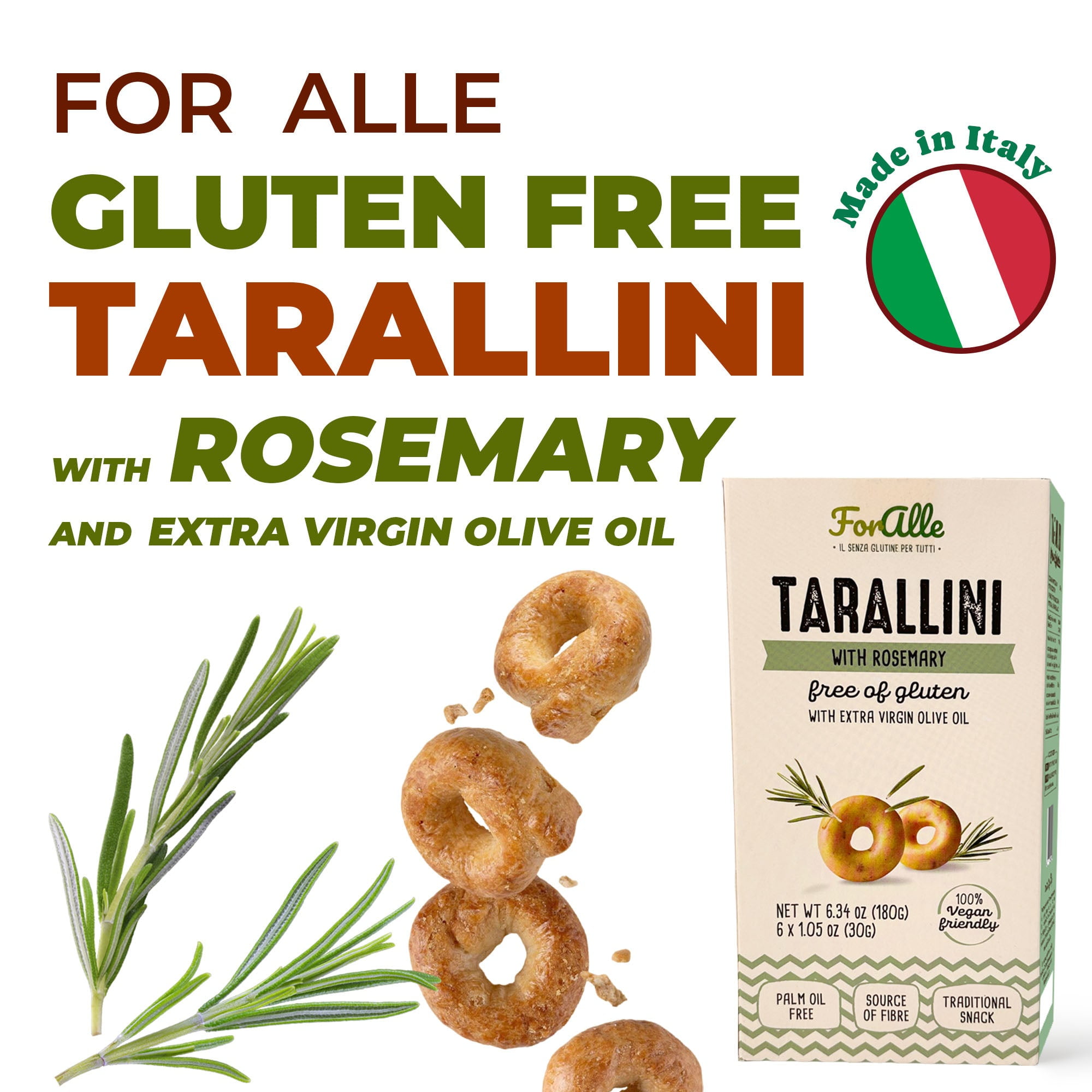 For Alle Gluten Free Tarallini with Rosemary and Extra Virgin Olive Oil, 6x1.05 oz (6.34 oz) – Traditional Italian Pugliese Snack. Oven-Baked. Vegan. Cholesterol-Free. (Pack of 2)