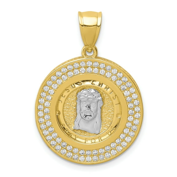 10k Yellow Gold with Rhodium CZ Channel Edge & Pave Jesus Face Charm Pendant