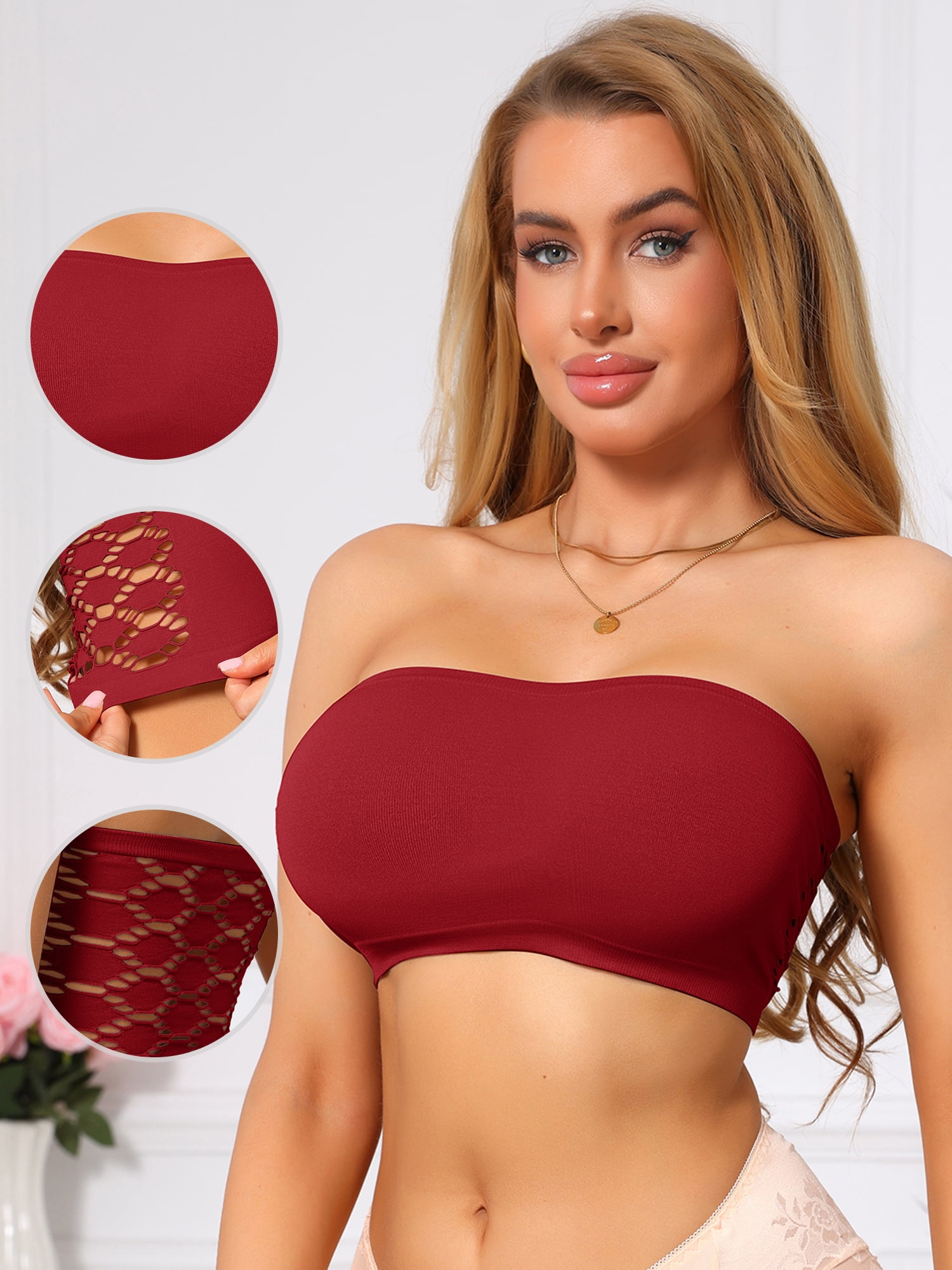 DARING DIVA Women's Strapless Bandeau Bra Tube Top Lace Trim Hollow Out M Wine Red