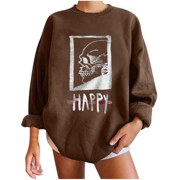 Sudadera extragrande de lana de manga larga con cuello redondo y estampado de calavera para mujer Pompotops gfhjh16746
