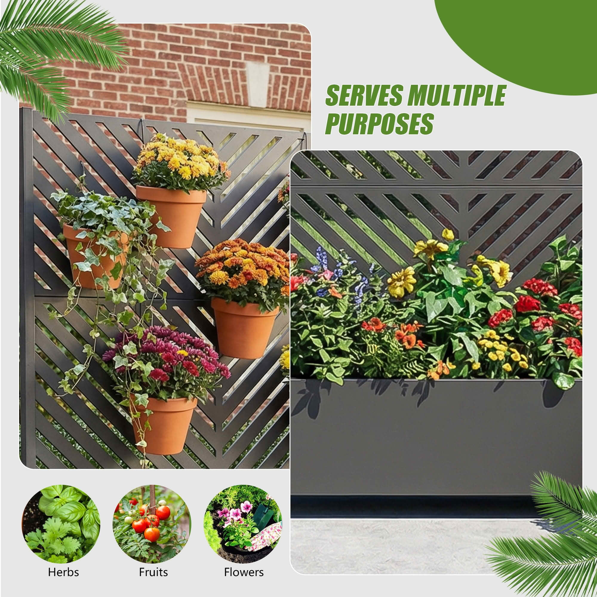 MAYEERTY 72X47" Metal Outdoor Black Privacy Screen with Planter Box for Backyard & Garden, 3 Piece Set, Double‑sided Installation