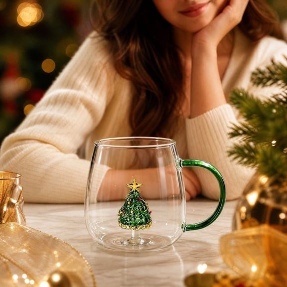 Christmas Tree Glass Cup, Heatproof Home Beverage Cup, Christmas Gift Cup for Coffee Tea, Holiday Kitchen Drinkware, Family Mug for Home,Green
