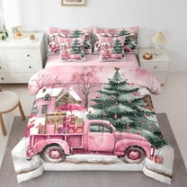 jejeloiu Christmas Gift Truck Bedding Comforter Set 7pcs,Xmas Tree Queen Bedding Sets,Happy New Year Queen Sheet Sets For Girl Kids,Ultra Soft Bedroom Decoration Reversible