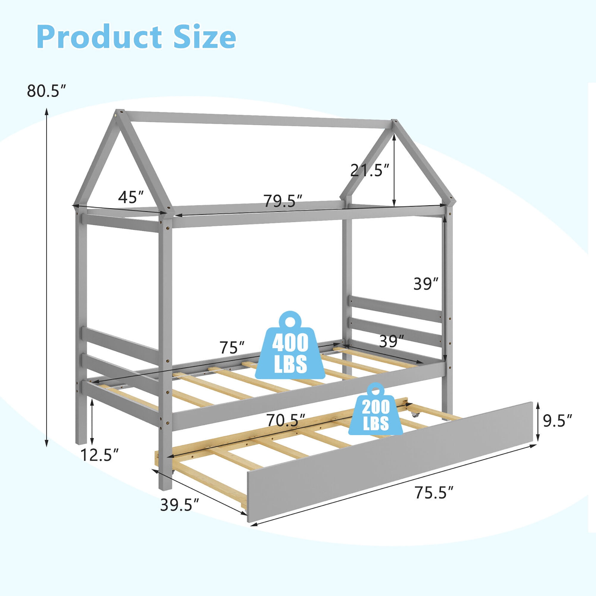 Gymax Twin House Bed Frame w/ Trundle Roof Wooden Platform Mattress Foundation Grey