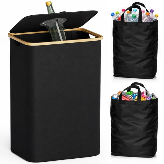 Aovky Recycling Bins for Kitchen with Lid, 26 Gallon (100L) Recycling Bin with 2 Removable Reusable Inner Bags, Indoor Recycle Trash Can for Bottles, Cans, Glass, Plastic, Black