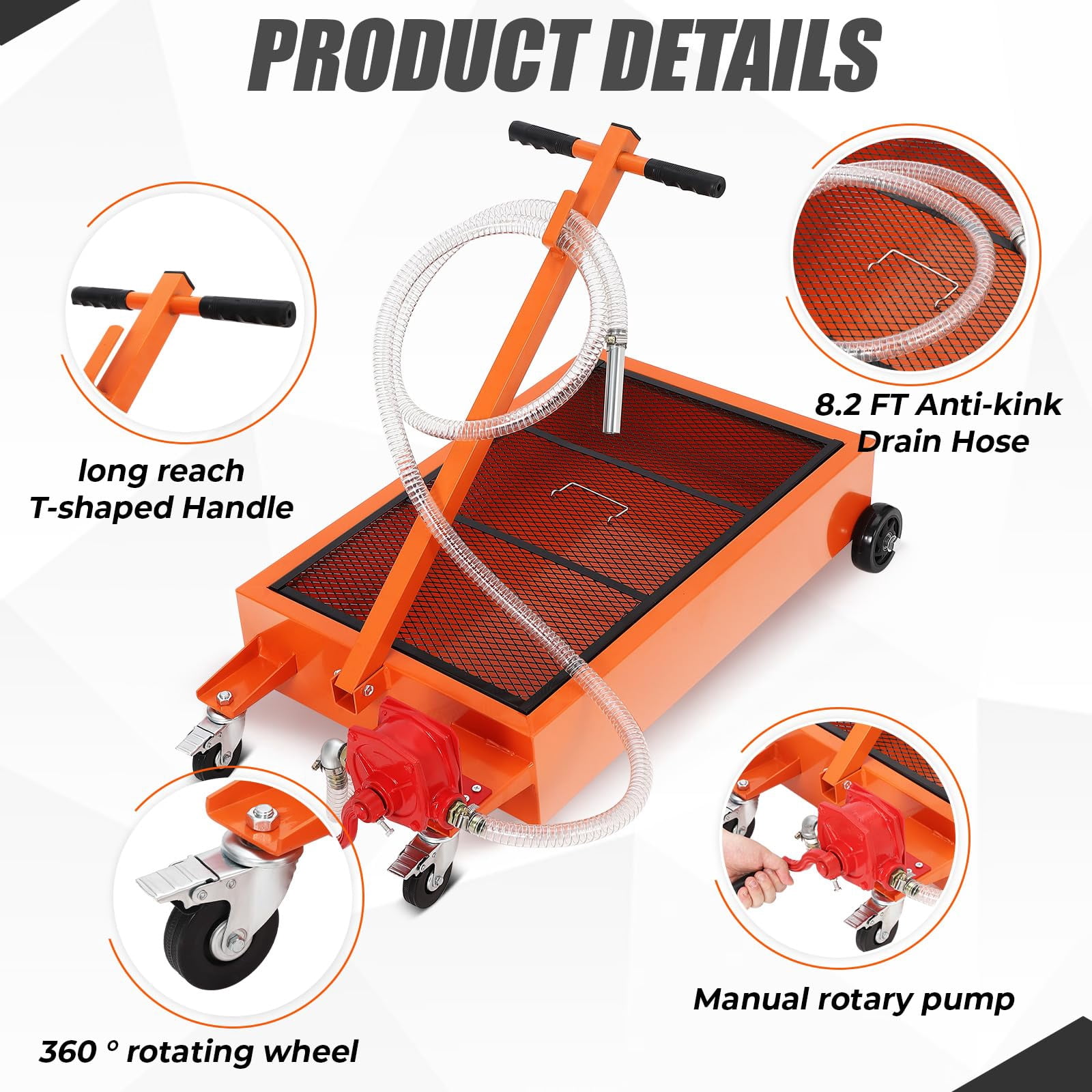 Memoryfield 15 Gallon Low Profile Waste Oil Drain Pan with Manual Pump, Rolling Oil Drain Cart with 8 ft Hose & Folding Handle, for Trucks, RVs & Buses, Orange