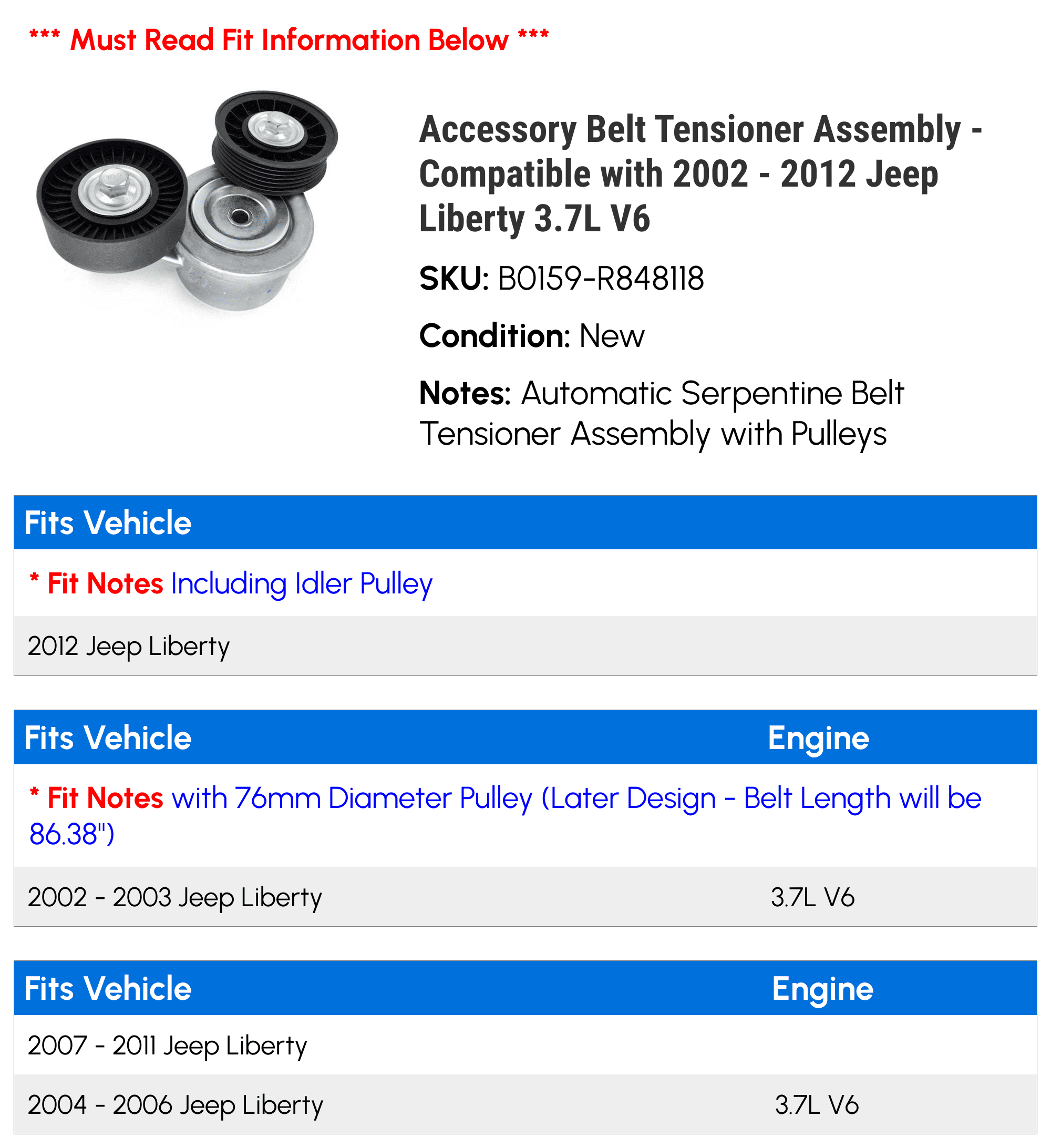 Accessory Belt Tensioner Assembly - Compatible with 2002 - 2012 Jeep Liberty 3.7L V6 2003 2004 2005 2006 2007 2008 2009 2010 2011