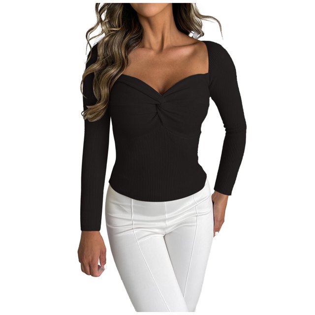 Puntoco Suéter Moda Mujer Casual Manga Larga Con Cuello En V Sudadera Sólido Blusa De Punto tops Liquidación De Navidad Puntoco Puntoco-5374