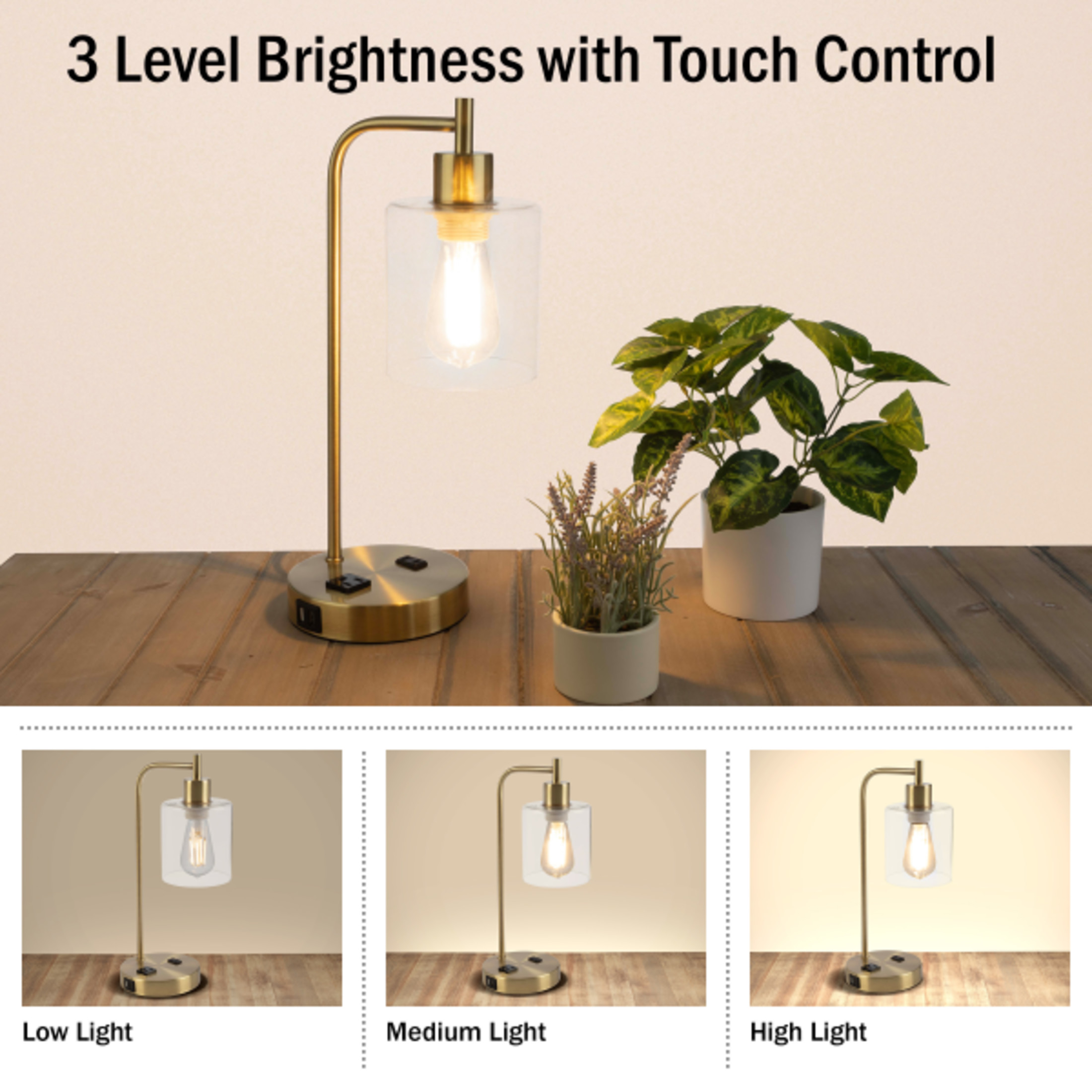 Lavish Home Lamp with USB Charging Ports, Touch Control, LED Bulb (Gold)