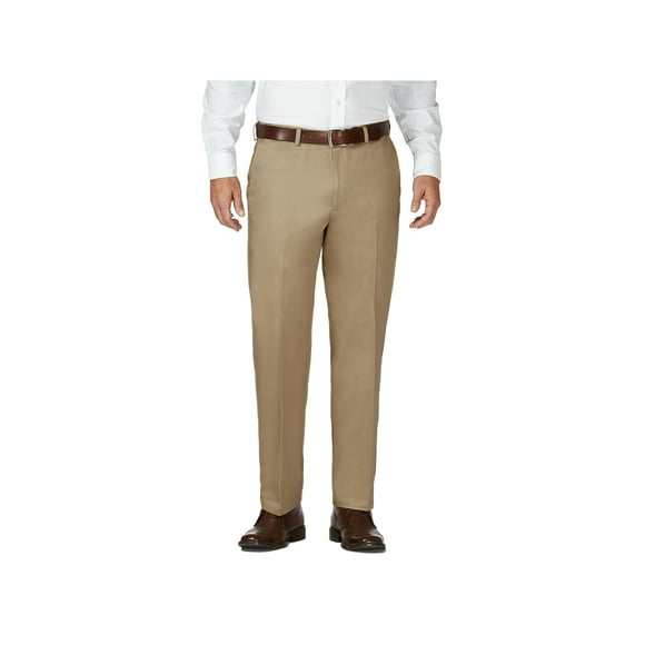 Haggar Men's Work To Weekend Hidden Expandable Waist No Iron Plain Front Pant, British Khaki/Lead Grey, 40Wx34L