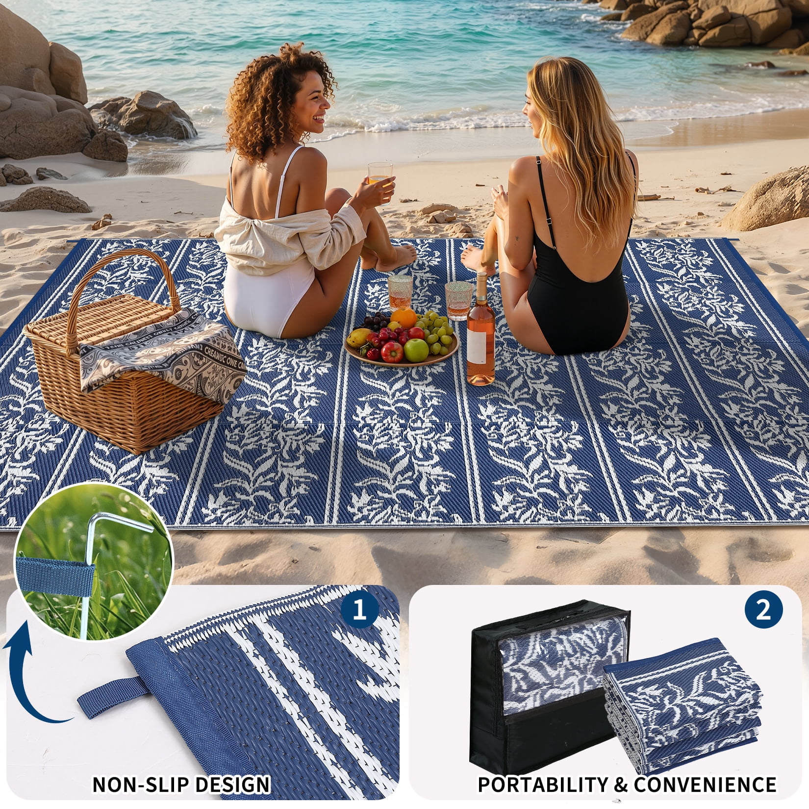 Nanan Outdoor Rug 8'x10' Waterproof Reversible Outdoor Patio Rug Plastic Straw Floral Mat for Camping Balcony Backyard RV Picnic, Dark Blue White