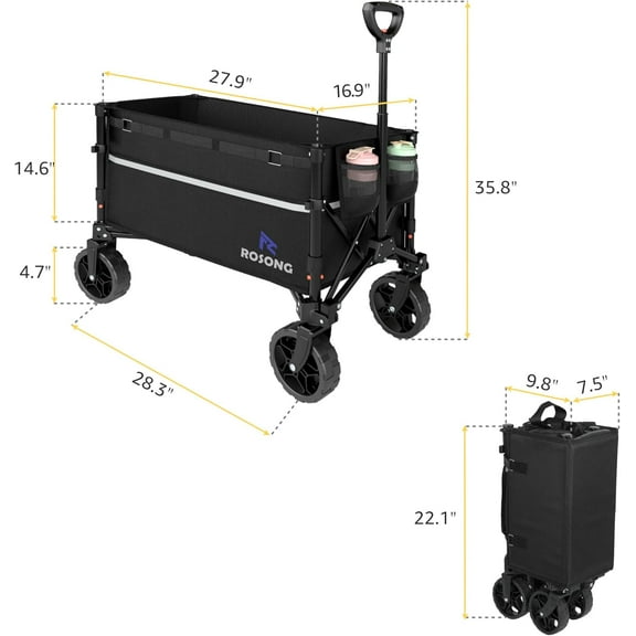 Collapsible Wagon Cart with Wheels - Foldable Heavy Duty Utility Wagon for Grocery, Sports, Garden, Camping, and Shopping (Black, 120L)