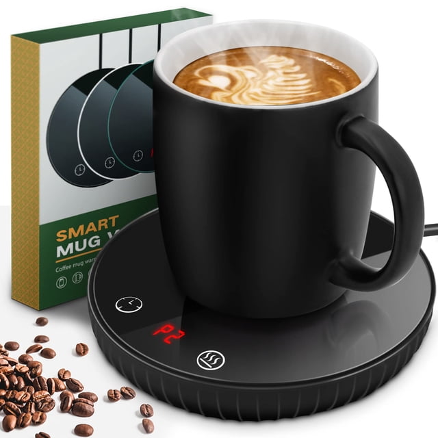110V US Plug Mug Warmer with Waterproof Glass Panel, 55.11 Inch Long Cord, 1-12H Timer, 104-140°F Adjustable Temperature, 18W Coffee Tea Candle Wax Heater for Desk, Black, Flat Bottom Cup Compatible