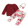 thumbnail image 3 of Baby Girls Spring Fall Clothes Set Solid Color Long Sleeve O-neck Tops Floral Print Trousers Bow-knot Headband, 3 of 6