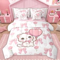 Manfei Kawaii Bowknot Cat Twin Bedding Sets 7-Piece, Pink Love Heart Balloon Bedding Comforter Set, Dreamy Cartoon Animal Reversible Sheet Sets, Breathable Home Decor