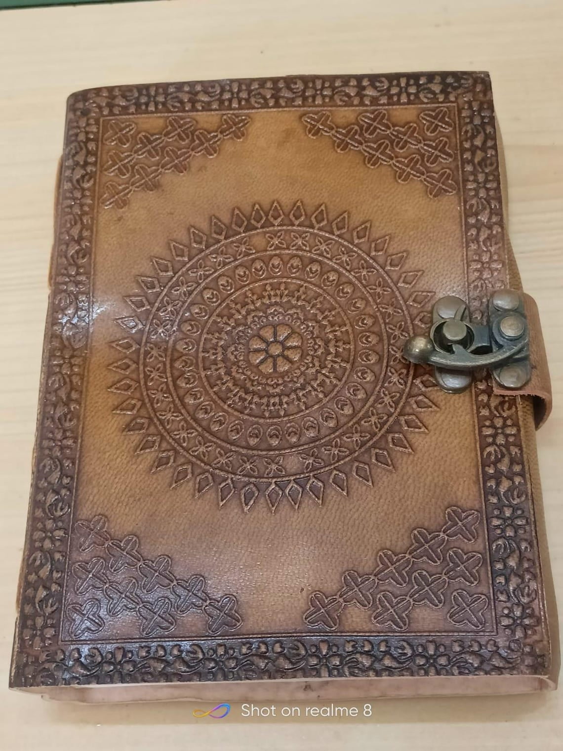 Hand Embossed Leather Journal Mandala Design with Brass Clasp, Tan Boho Notebook, Handmade Diary