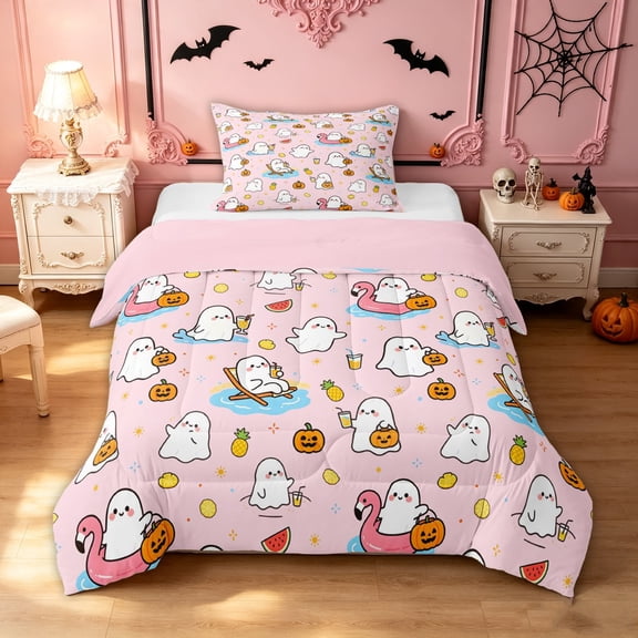 Feelyou Kawaii Ghost Twin Comforter Sets, Happy Halloween Pumpkin Bedding Set, Pink Orange, Pink Reversible, 2-Piece, 1 Comforter and 2 Pillowcases
