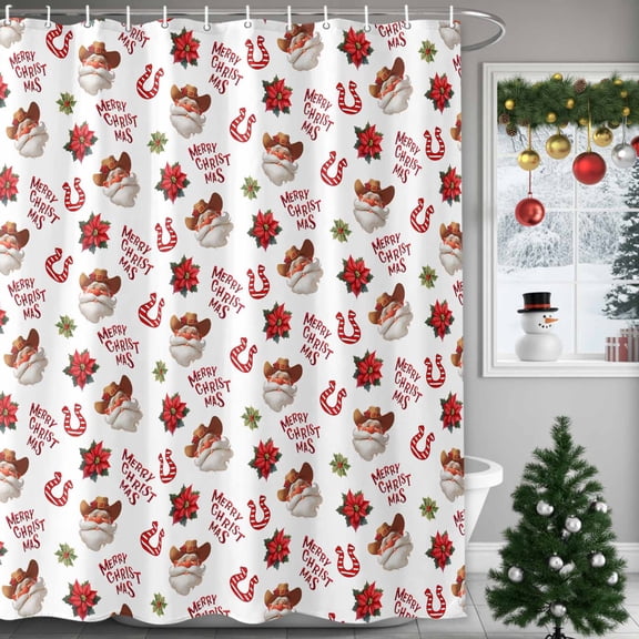 Western Christmas Shower Curtains for Bathroom, Cowboy Santa Poinsettia Waterproof Fabric Shower Curtain for Bathroom Bathtub Decoration, Machine Washable, 54x"78"