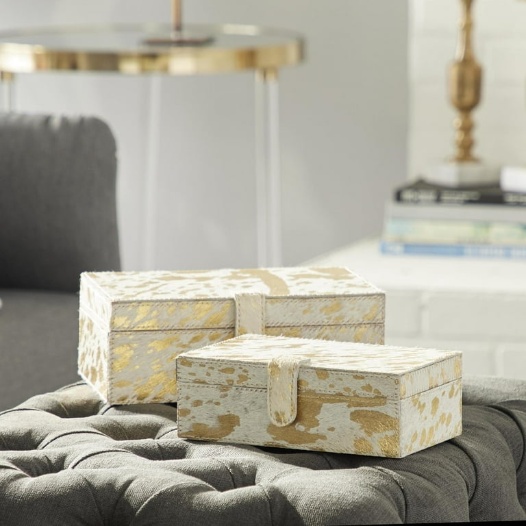 DecMode Handmade Gold Leather Decorative Box with Foil Paint, 2