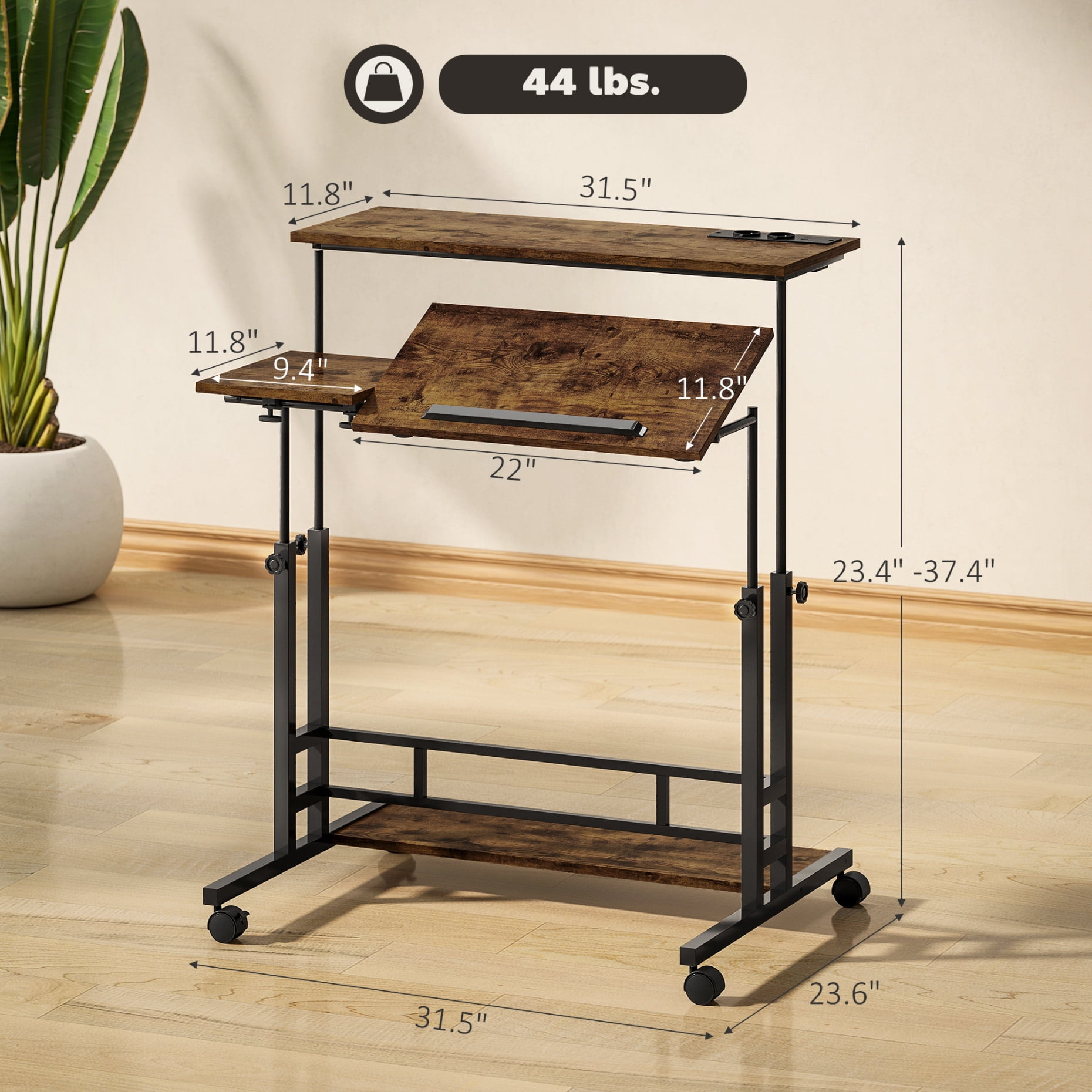 Folding Standing Desk for Small Spaces, 31.5" Office Desk with Power Outlet and Adjustable Height, 3 Panle Writing Desktop with Wheels and Adjustable Angle, Brown