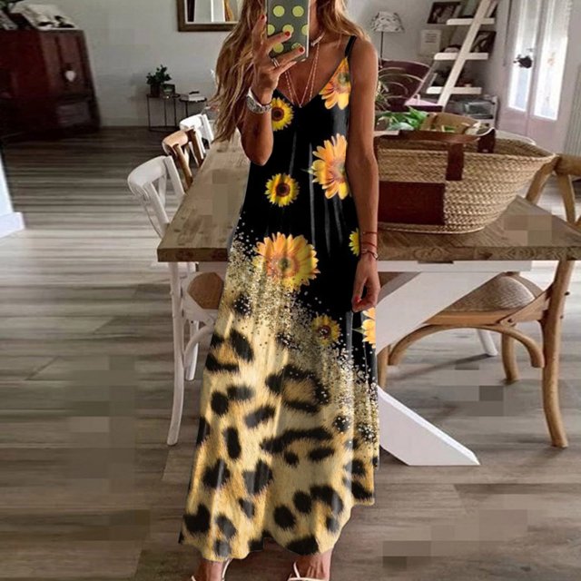 WILLBEST Robe de Maternité Florale Femme Été Mode Décontractée Col Bas Sans Manches Imprimé Fleuri Longue Robe Décontractée Été Col en V Sans Manches Robe Débardeur Robe de Plage Robe S