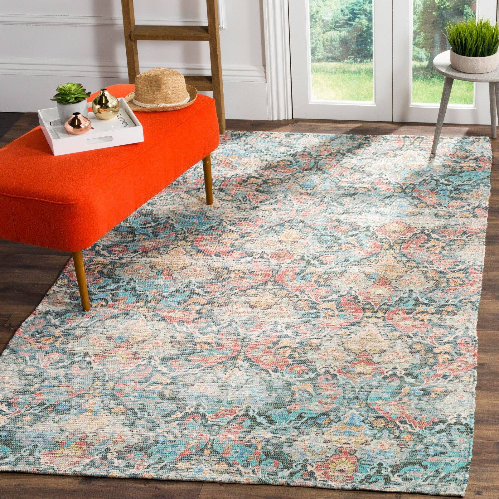 SAFAVIEH Saffron Nikola Floral Cotton Area Rug, Coral/Aqua, 5' x 8'