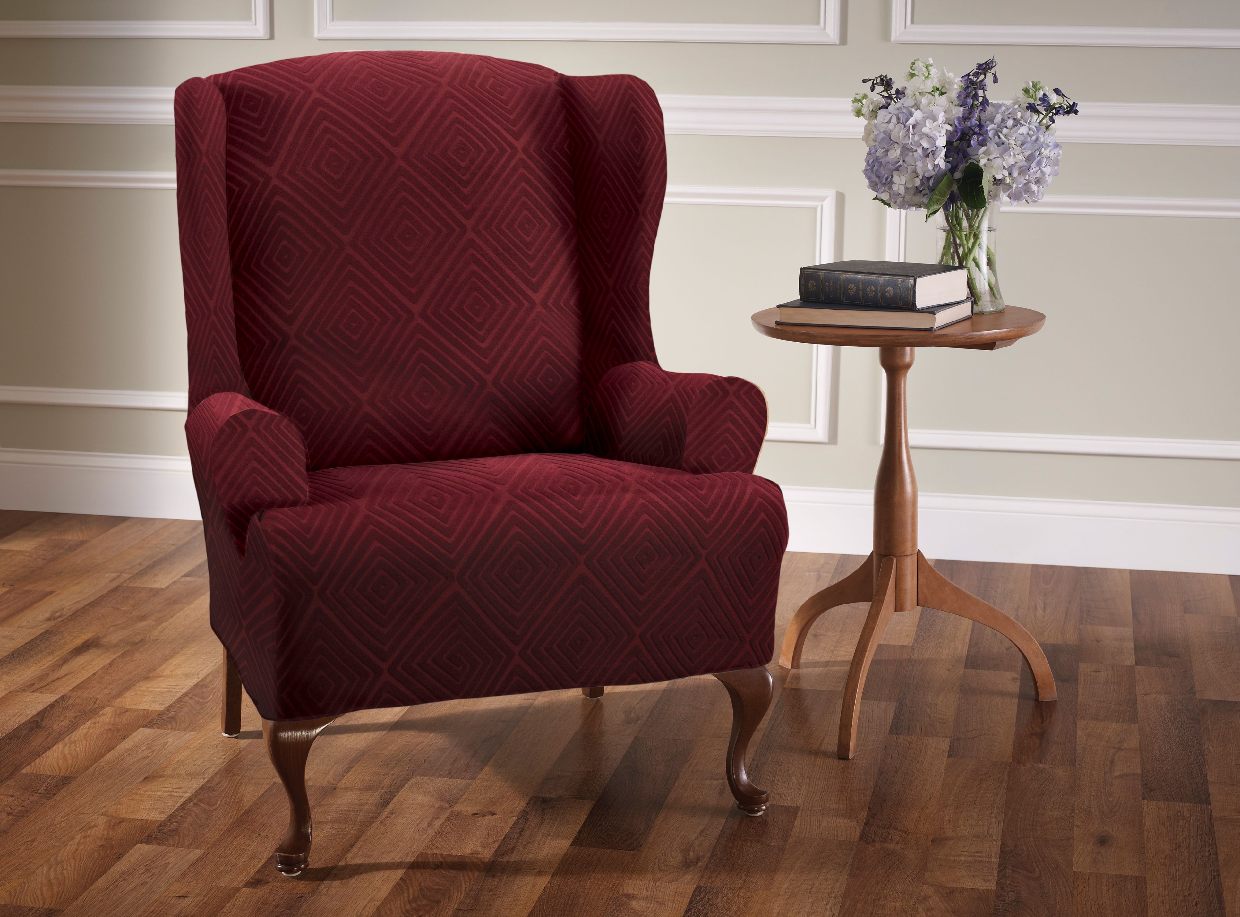 Stretch Sensations 1-Piece Stretch Shapely Diamond Wing Chair Slipcover, Burgundy