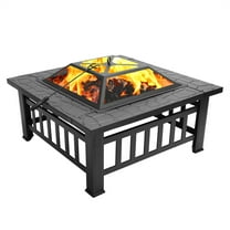Portable Square Fire Pit - 32" Metal Fire Pit Bowl with Mesh Lid & Poker - Spark Screen Outdoor Firepit for Backyard, Patio, Camping - Black