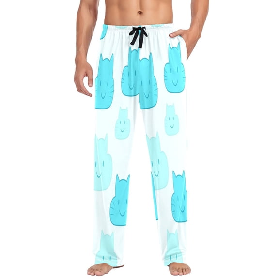 Cat Faced Clouds Pattern Mens Cotton Pajama Pants Long Staple Lightweight Sleep Bottoms with Pockets Breathable