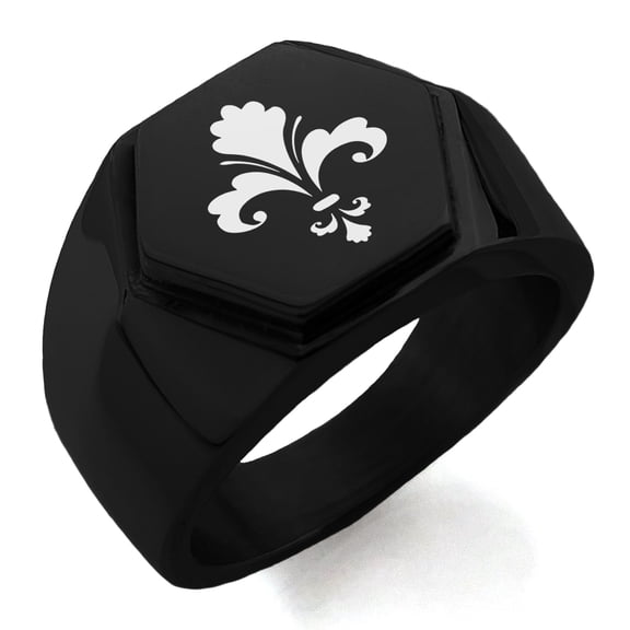 Stainless Steel Floral Fleur De Lis Engraved Hexagon Crest Flat Top Biker Style Polished Ring