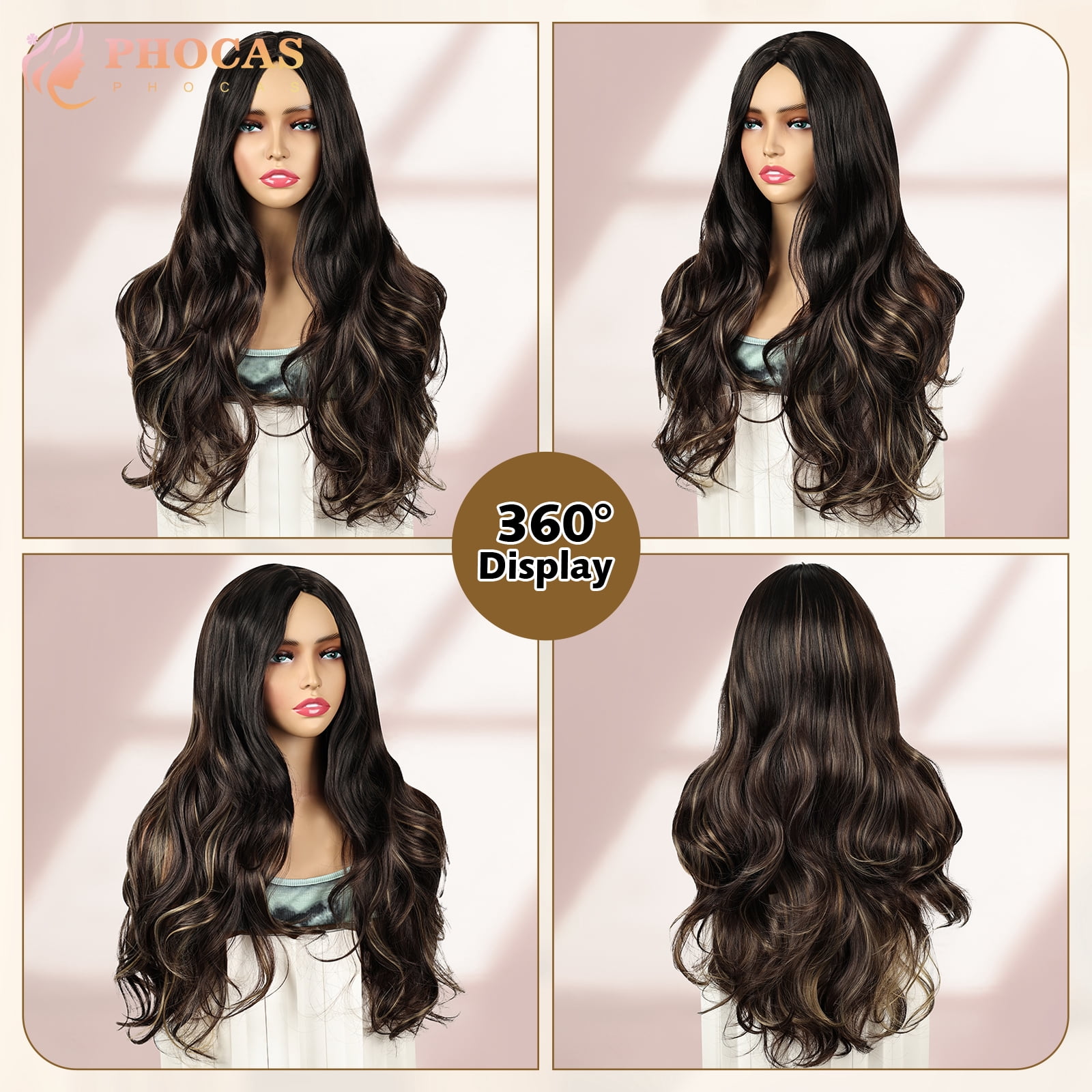 Phocas Long Curly Brown Wigs for Women 26inch Body Wave Highlight Blonde Wig