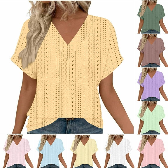 YHAJDS Womens T Shirts Short Sleeve V Neck Solid Color Jacquard Lace Trim Loose Blouses