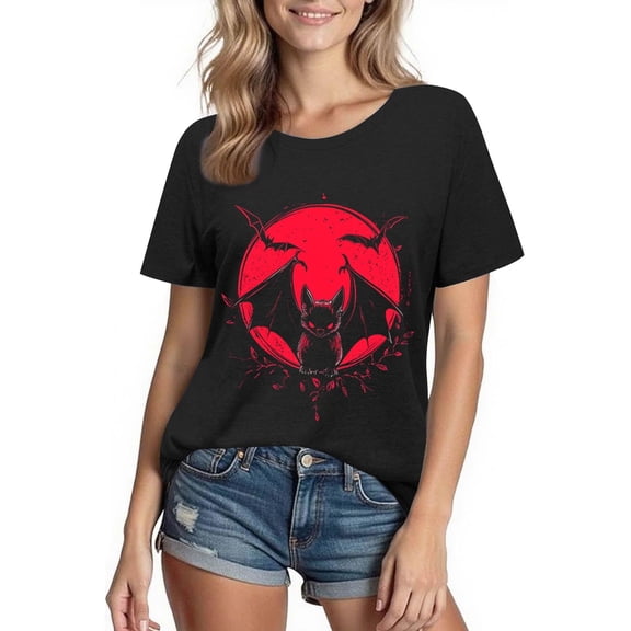 Xdegoge Women's Halloween Graphic T-Shirt Moon Bat Print Short Sleeve Casual Tee Classic Fit Top for Fall Festival Holiday Party Everyday Wear