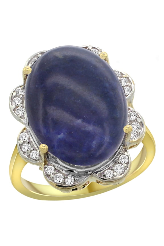 14k Yellow Gold Natural Lapis Ring Oval 18x13mm Diamond Floral Halo, 3/4inch wide, size 7.5