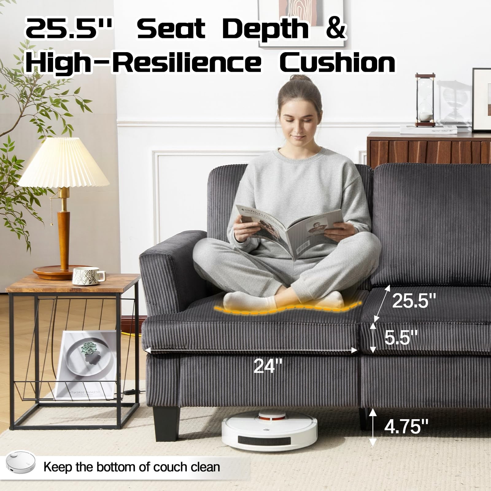 84" Mid Century Modern 3 Seater Sofa Couch, Deep Seat Corduroy Upholstered Sofa with Armrests for Living Room, Bedroom & Apartment, Dark Gray