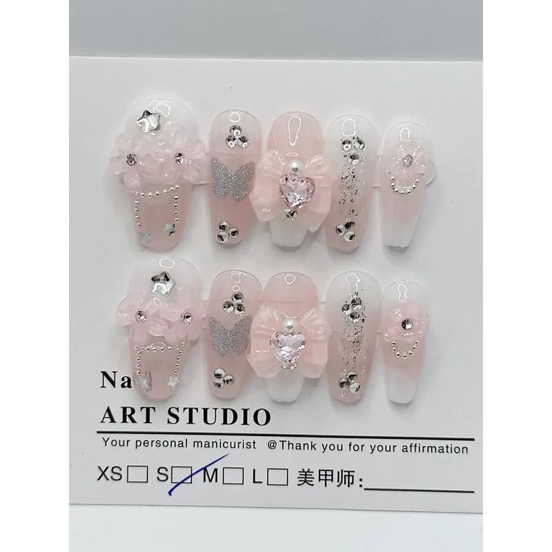 Purple Butterfly Pearl Handmade Wear Nail Starry Sky Clear Fairy Fake Nails Iris Nail Patch Finished Gift for Girl