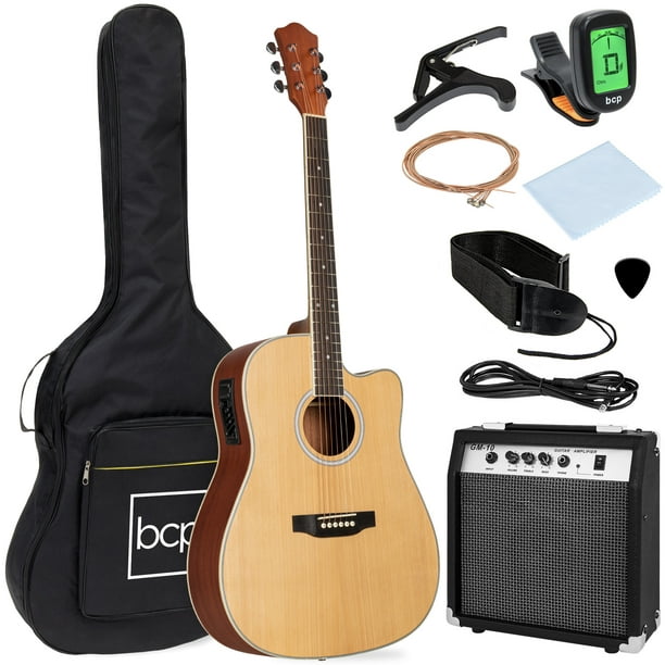 Best Choice Products Beginner Acoustic Electric Guitar Starter Set 41in w/ All Wood Cutaway Design, Case – Natural