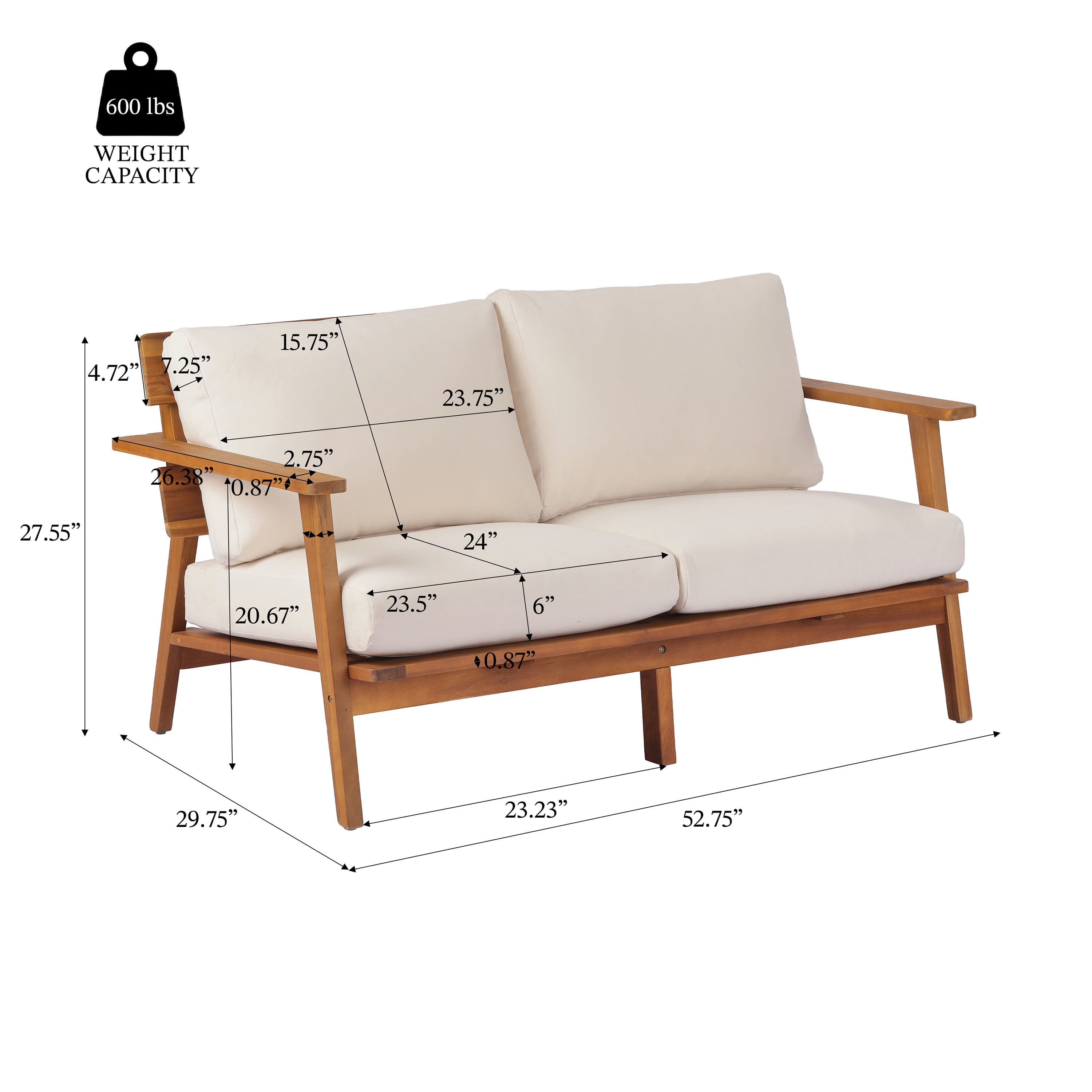2 Piece Patio Set, Mid-Century Acacia Wood Loveseat and Slatted Coffee Table for Garden, Teak and Cream
