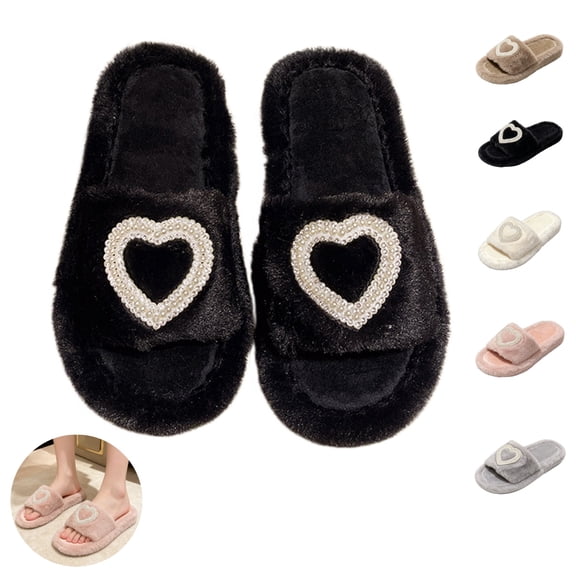 Mfakffe House Slippers for Women Bedroom Fluffy Open Toe Non Slip Slippers Winter Cozy Shoes Warm Slip on Slides for Daily Wear