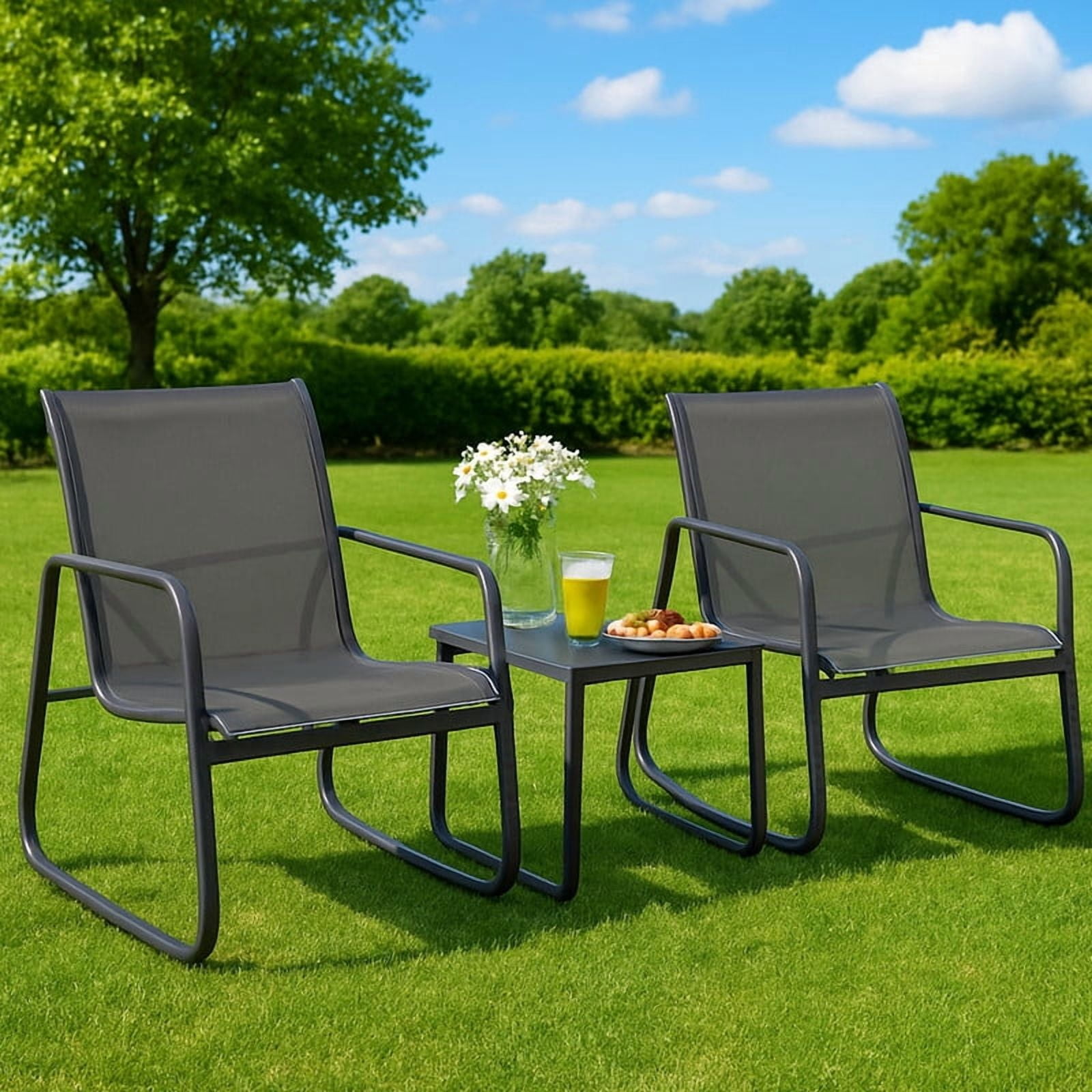 3-Piece Outdoor Textilene Patio Furniture Set, Modern All-Weather Bistro Conversation Set with Chairs & Coffee Table for Small Patio, Backyard, Porch and Deck, Black