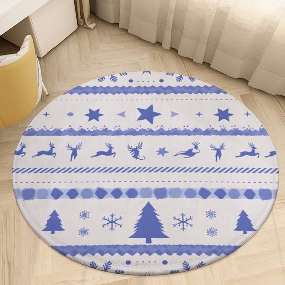 Blue And White Winter Pattern Round Area Rugs for Bedroom Living Room, 3FT Soft Indoor Circle Carpets, Carpet Home Decor Floor Mat