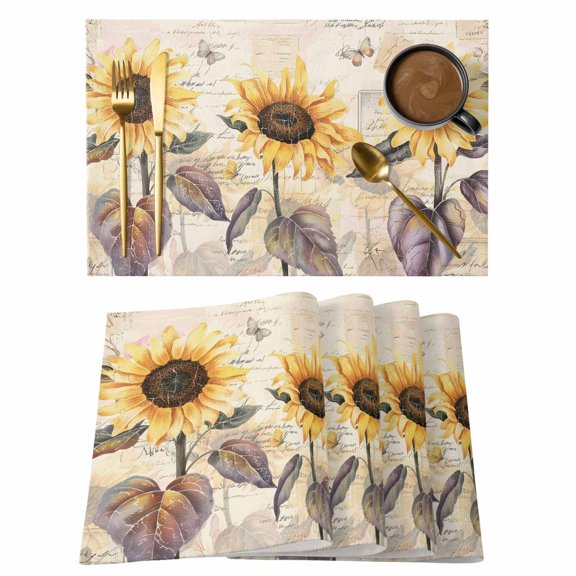 Farmhouse Sunflower Placemats Set of 12 Vintage Flower Butterfly Heat Insulation Washable Place Mats, Non-Slip Table Mats for Dining Table Party Kitchen Decor, 13x19 Inch