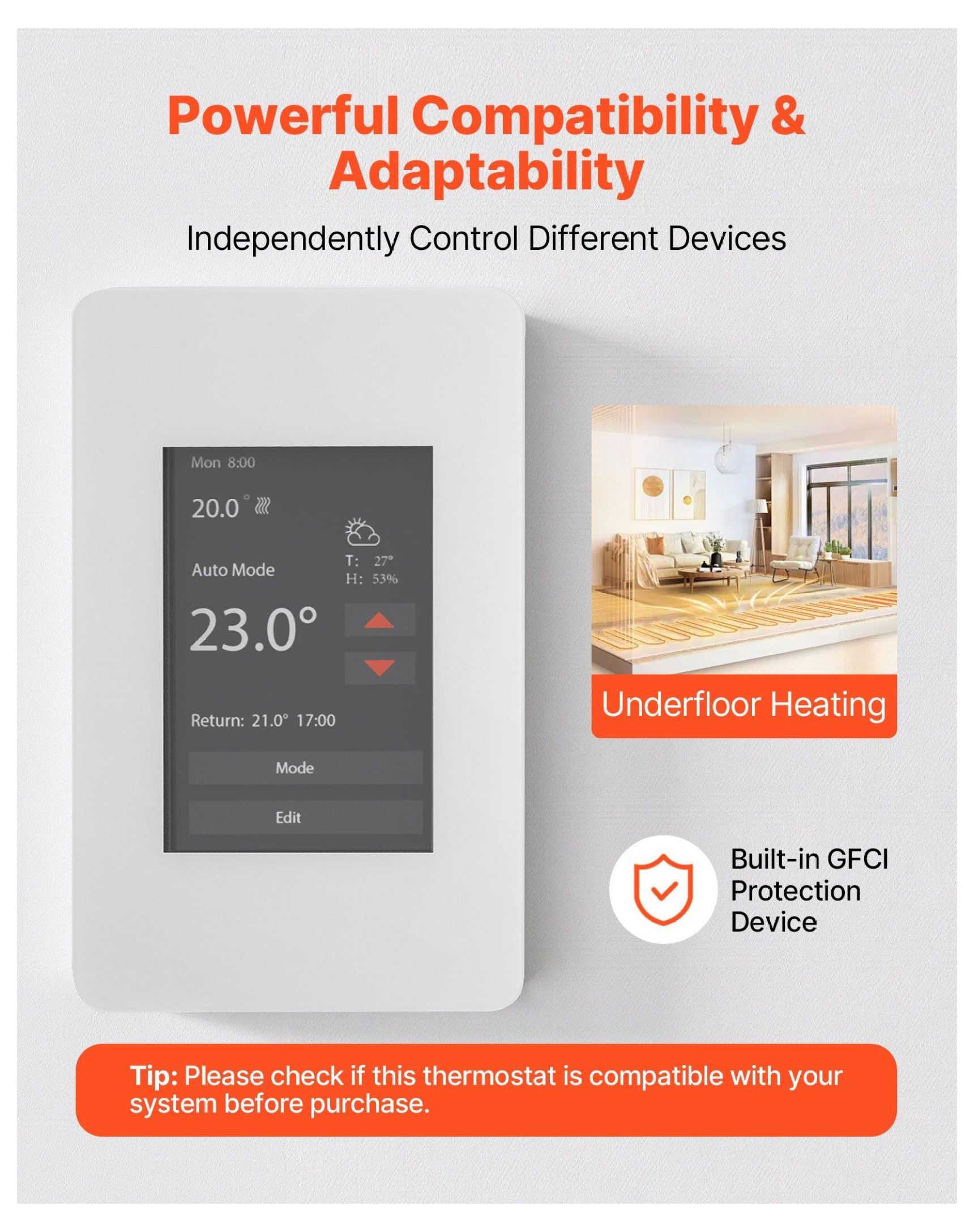 7-Day Thermostat for Home Heating, Programmable Thermostats for Radiant Floor, Heat Pump Compatible, GFCI, Touchscreen, Efficient - Gray-White